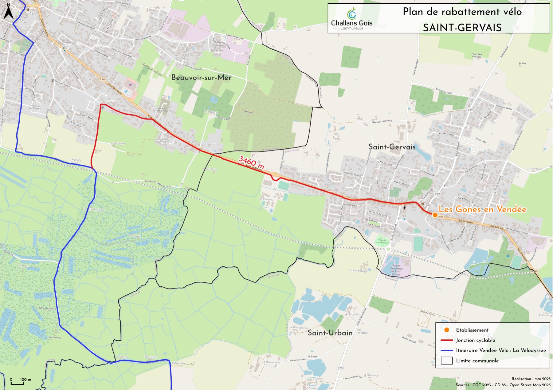Plan de rabattement vélo de Saint-Gervais : une jonction cyclable de 3 460 mètres relie la Vélodyssée aux Gones en Vendée